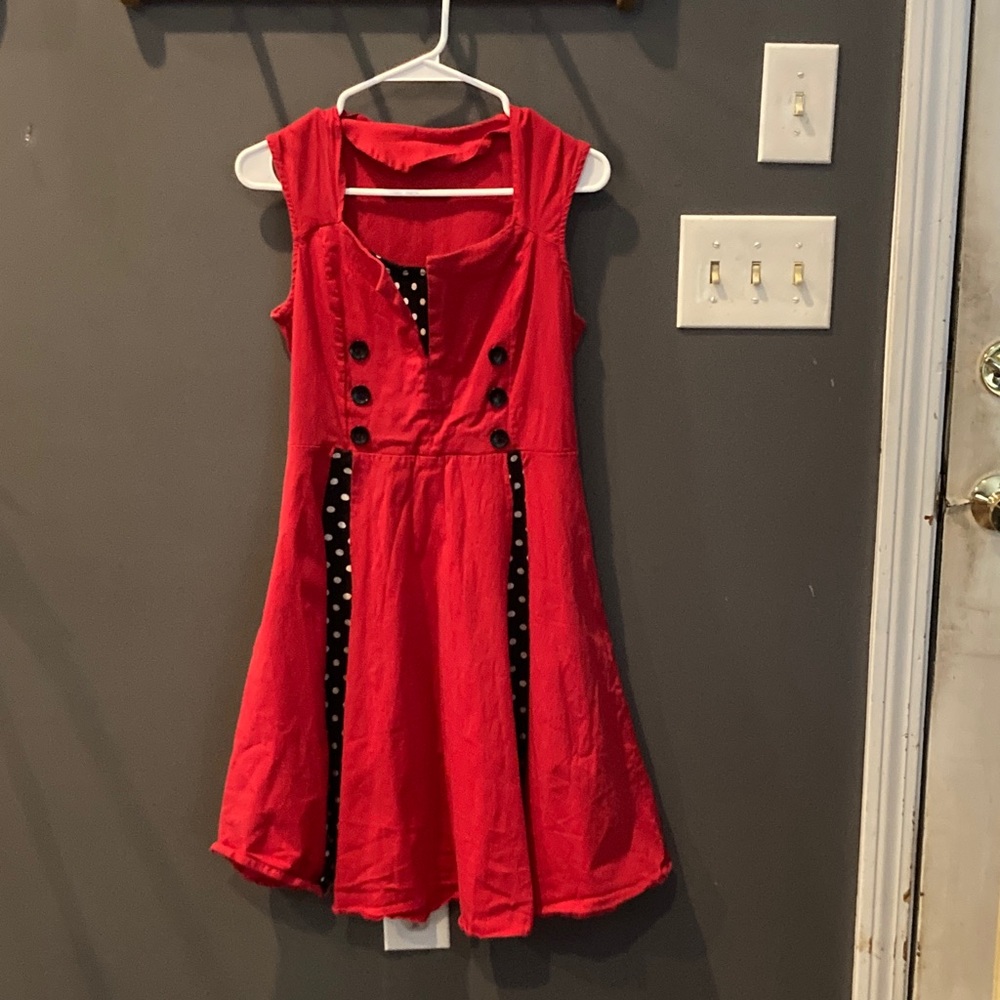 Muted red sleeveless dress with black and white polka dotted details GUC sz XXL